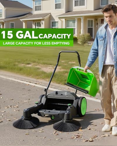 41" Industrial Walk-Behind Hand Push Floor Sweeper | 14.5 Gallon Large Capacity, 46000 SqFt/Hour, Indoor, Outdoor Use Cleaning of Dust Litter Grass - color: Green