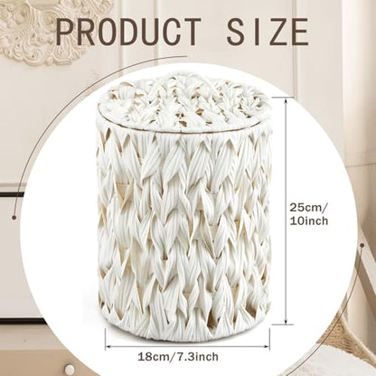 Ctosree 1.3 Gallons Small Trash Can with Lid Handle Boho Woven Braided Bathroom Waste Basket Trash Can with 100 Garbage Bags for Bedroom Office Laundry(Braided Polypropylene, Cream White) - color: Cream White, style: Round