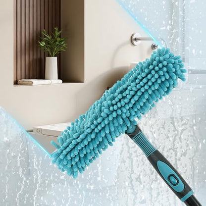 62" Window Squeegee, 2 in 1 Window Cleaning Tool with Telescopic Pole, Rotatable and Bendable Head for High Windows Indoor Outdoor, Includes 2 Blades & 2 Pads (Microfiber+Pads)