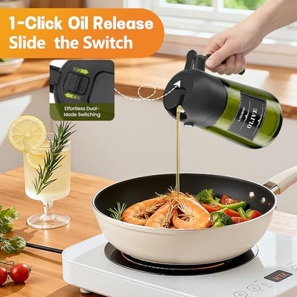 OURCABECUE Upgraded Made Oil Sprayer for Cooking 2 Set, 2 in 1 Spray and Pour Olive Oil Dispenser 16oz 470ml Dark Green Oil Spray Bottle, Mist Olive Oil Dispensing with Scale & 8 Labels - color: Green Bottle-Black Cap Scale