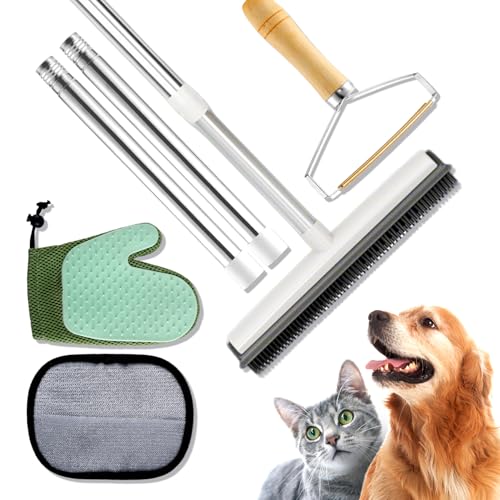 Carpet Rake for Pet Hair Removal, 4 in 1 Reusable Pet Hair Removal Tool Kit, 50'' Adjustable Long Handle Dog & Cat Hair Remover Broom with Handle & 2 Pets Hair Removal Gloves for Carpets, Rugs, Couch
