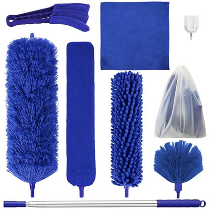 Dusters for Cleaning, 9 in 1 Kit 100” Feather Duster with Extension Pole, Retractable Bendable Washable, Cobweb Duster Chenille Gap Dust Brush Blind Duster for Cleaning High Ceiling Fans