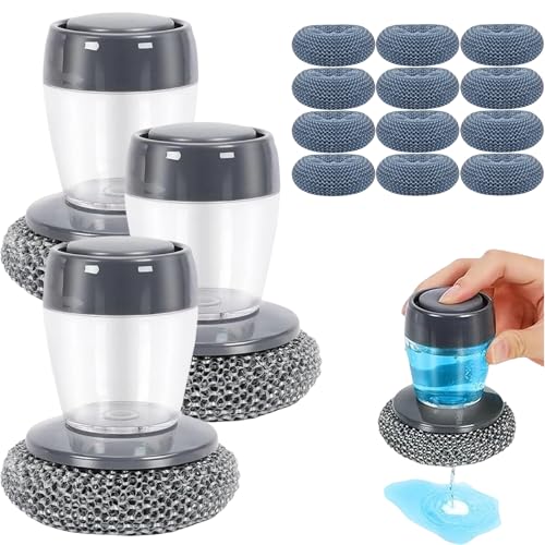 Comfort Grip Soap Dispensing Kitchen Scrub, Dish Brush with Soap Dispenser, Steel Wool Scrubber for Dishes Pans Kitchen Sink Bathtub Tile and Household (3pcs-15) - color: 3pcs-15