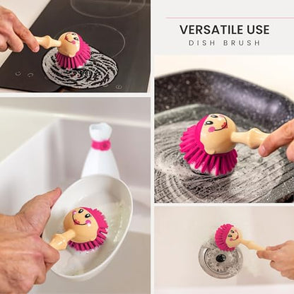 Vigar Dolls April Dish Brush with Ergonomic Handle and Dres-shaped Storage Holder - Scrub Brush for Pans, Pots, Kitchen Sink Cleaning, White, Pink - color: White, Pink