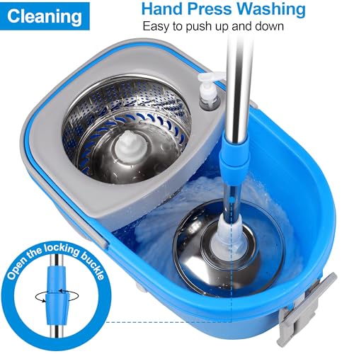 Spin Mop and Bucket with Wringer Set, 3 Washable Microfiber Pads Included for Floor Cleaning, Adjustable Stainless Steel Handle, Easy Moving with Wheels, Blue - color: Blue