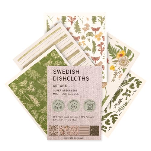 Swedish Dishcloths, Vintage Plant-Based Cellulose, 6.7x7.5 Inch, Super Absorbent, Multi-Surface, Machine Washable, Reusable, 5 Pack (Green) - color: Green