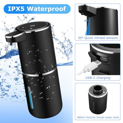 Automatic Foaming Soap Dispenser,Touchless Soap Dispenser with 4 Adjustable Foam Levels,Wall Mounted and USB Rechargeable,12.8oz Large Capacity for Bathroom,Kitchen Sink,Dish Soap(Black)