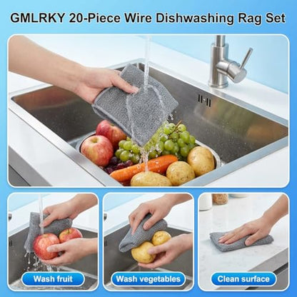 20 Pcs Value Pack Non Scratch Steel Wire Dishcloth, 7.87"x7.87" 2-Layer Multipurpose Rags - Reusable for Kitchen Dishes, Sinks, Stove Tops, Safe for Non-Stick