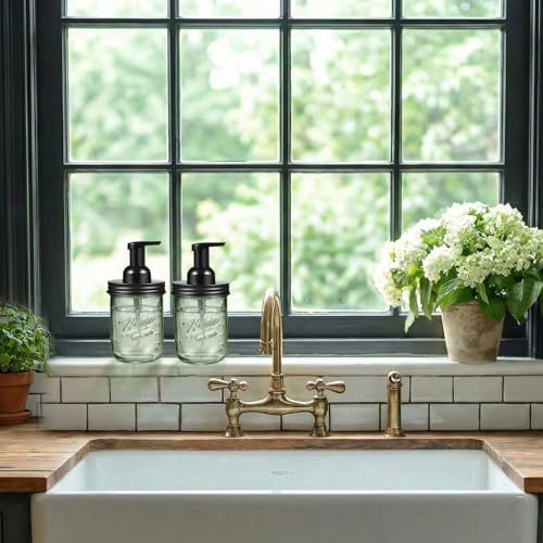 SheeChung Mason Jar Foaming Soap Dispenser, Stainless Steel Lid, BPA Free Pump, Green Glass Foam Hand Soap Dispenser, 16Oz Refillable Liquid Foam Dispenser Bottle for Bathroom Kitchen, Dish Soap-Black - color: Wide Mouth, Black-1 Pack