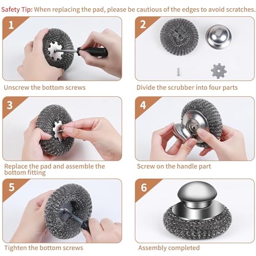 Steel Wool Scrubber Set, 2 Pack Stainless Steel Scrubber with Stainless Steel Handle for Cleaning Dish, Cast Iron, Stock Pot, Pan, Griddle, Grill, Stove, Sink, Bathtub, Tile, with 3 Replacement Pads - color: Silver - Steel