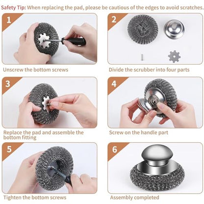 Steel Wool Scrubber Set, 2 Pack Stainless Steel Scrubber with Stainless Steel Handle for Cleaning Dish, Cast Iron, Stock Pot, Pan, Griddle, Grill, Stove, Sink, Bathtub, Tile, with 3 Replacement Pads - color: Silver - Steel
