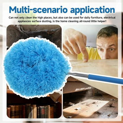 Extendable Microfiber Duster, Telescoping Dusting Brush for Home and Car Cleaning, Adjustable Length, Soft and Flexible - color: Round Blue