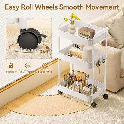 YASONIC 3-Tier Metal Rolling Cart, Sturdy Storage Utility Carts with Wheels, Multifunction Craft Art Organizer for Bedroom, Laundry, Garage, Office, Nursery, Bathroom, Easy Assembly (White) - color: White