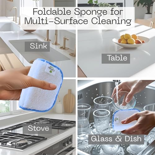 Foldable Dish Sponge – Thin Dual-Sided with Mesh Scrubber and Rayon derived from Bamboo Reusable Non-Scratch Kitchen Sponge for Multi-Surface Cleaning, 6 Pack