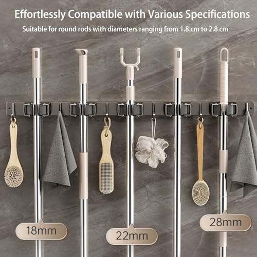 Wall-Mounted Broom Holder Stainless Steel Mop Storage Rack Laundry Room Storage Solution Suitable for Kitchens, Gardens,Garages (Option A: 4 clips with 5 hooks) - color: Option A: 4 clips with 5 hooks