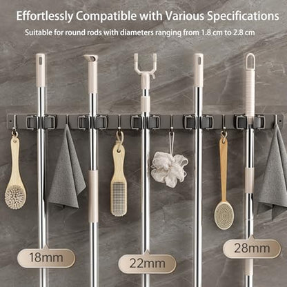 Wall-Mounted Broom Holder Stainless Steel Mop Storage Rack Laundry Room Storage Solution Suitable for Kitchens, Gardens,Garages (Option C: 4 clips with 5 hooks) - color: Option C: 4 clips with 5 hooks