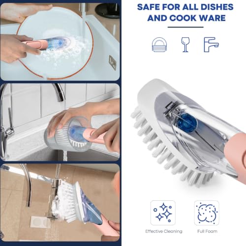 Soap Dispensing Replacement Dish Brush with 2 PCS Brush Refills & Holder | RIMAY Dispenser Scrub Cleaning Scrubber Kitchen Dishwashing Dish Wand Handle for Dishes/Pans/Pots/Sink(Pink) - color: Pink