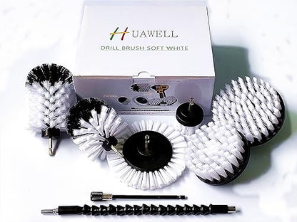 HUAWELL 8 Piece Soft White Drill Brush with Extend Attachment Set-Car Interior Detailing Kit, All Purpose for Car, Boat, Seat, Carpet, Upholstery, Bathroom, Grout, Floor and Tile (White) - color: White