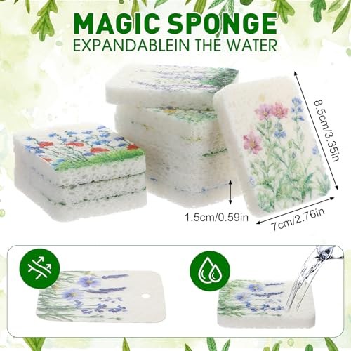 Maxdot 50 Counts Compressed Cellulose Sponges Bulk Flower Plant Style Natural Kitchen Compostable Non Scratch Dish Sponges for Washing Dishes, Cleaning Countertop Sink, Kids DIY - style: Flower Plant Style