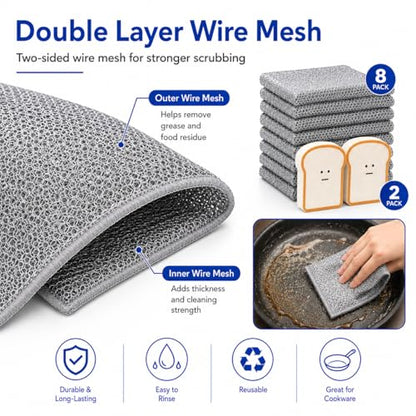 Non Scratch Wire Dishcloths 8 Pack with 2 Kitchen Sponges, Reusable Double Layer Wire Cleaning Cloths for Pots, Pans, Dishes, Sinks and Stove Tops - color: 8+2 Set