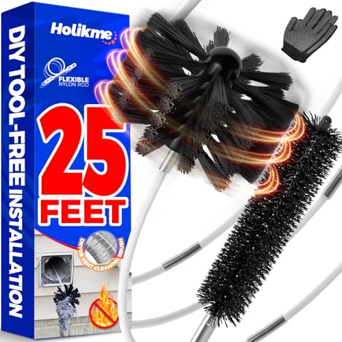 Holikme 25 Feet Dryer Vent Cleaner Kit, Flexible Lint Brush with Drill Attachment, Fireplace Chimney Brushes Extends Up to 25 Feet for Easy Cleaning, Use with or Without a Power Drill - color: White, size: 25feet