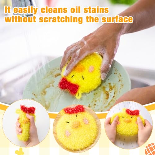 Breling 6 Pieces Chick Shape Dish Sponge Dual Sided Non Scratch Dish Washing Scrubbers, Reusable Household Cleaning Kitchen Tools for Dishwashing Washing Dishes Cookware - style: Chicken