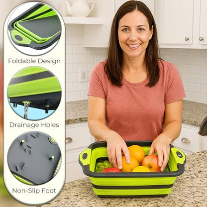 SSKT 3-in-1 Collapsible Cutting Board – Multifunctional Kitchen Sink Tub Basin with Drain, Chopping Board & Washing up Bowl – Space-Saving & Portable for Kitchen, Camping, RV, & Outdoor Use (Green) - color: Green
