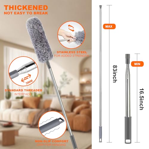 Professional Microfibre Dusters for Cleaning | Duster with Extension 100" | Cobweb Remover Duster Kit with 4 Washable Heads | Bendable Feather Duster for High Ceilings,Fans & Hard-to-Reach Areas,7PCS