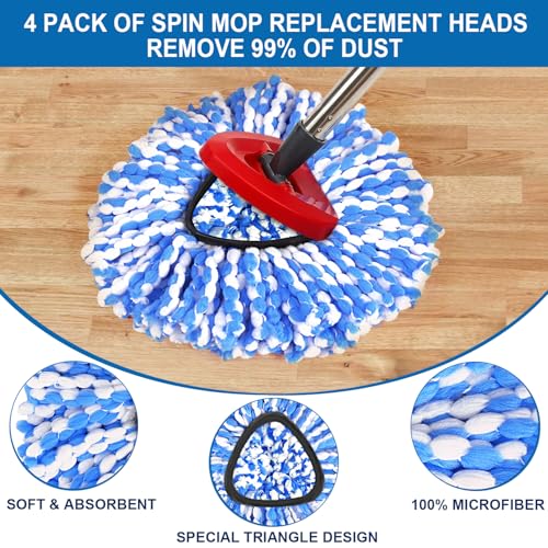 4 Pack Mop Replace Heads for 2 Tank System, Spin Mop Replacement Head, Fluffy Microfiber Mop Refill Replace Head, Machine Washable, All Hard-surfaced Floors Cleaning