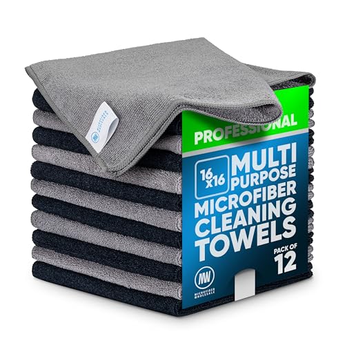 MW Pro Microfiber Cleaning Cloth | Black Gray | 12 Pack | 16” x 16” | All Purpose Microfiber Towels - Clean, Dust, Polish, Scrub, Absorbent - color: Black, Gray