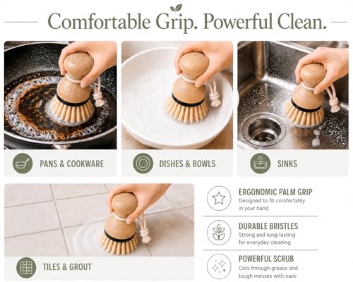 Kitchen Simple Bamboo Palm Brush Set, 2 Pack Dish Scrub Brushes for Pots, Pans, Dishes, Sink & Vegetable Cleaning, Durable Bristles, Bamboo Handle, Black Accent & Cotton Hanging Loop