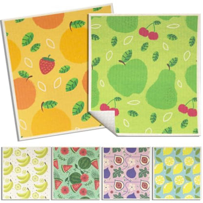 6 - Pack Swedish Kitchen Dish Cloths - Reusable Paper Towels for Counters & Dishes - Eco Friendly Cellulose Sponge Cloth (Fruits) - color: F-fruits