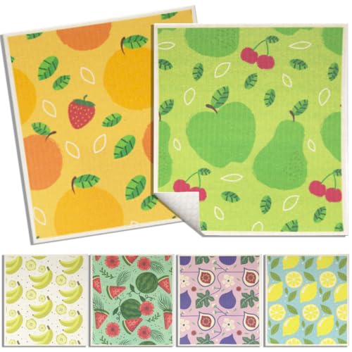 6 - Pack Swedish Kitchen Dish Cloths - Reusable Paper Towels for Counters & Dishes - Eco Friendly Cellulose Sponge Cloth (Fruits) - color: F-fruits