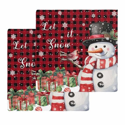 Buffalo Christmas Dish Towels Set, Waffle Weave Kitchen Towels 2 Pieces, Red Snowman Snowflake Microfiber Hair Face Bath Tea Towel Absorbent Quick Drying Cleaning Dish Cloths, 12"x12" - color: Red Black, size: 2PCS,12"x12"