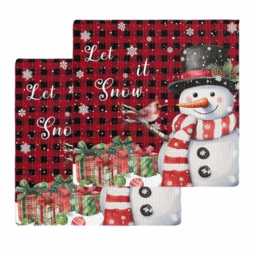 Buffalo Christmas Dish Towels Set, Waffle Weave Kitchen Towels 2 Pieces, Red Snowman Snowflake Microfiber Hair Face Bath Tea Towel Absorbent Quick Drying Cleaning Dish Cloths, 12"x12" - color: Red Black, size: 2PCS,12"x12"