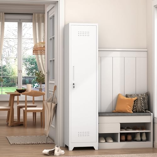 GREATMEET Slim Metal Utility Cleaning Storage Cabinet with Single Door, Narrow Tool Organizer for Brooms, Mops & Cleaning Supplies, Garage & Laundry Room Use, White - color: White, size: 65"H Slim Broom Cabinet