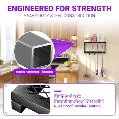 Heavy Duty Broom Holder Wall Mount with Cleaning Supplies Organizer, Space-Saving Laundry Room Organization and Storage Shelves, All-Metal Mop Hanger Broom Rack with Hooks, Garage Organizer Shelf - size: Medium-2