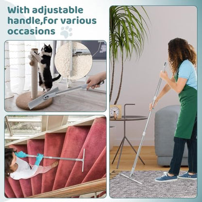 Carpet Rake for Pet Hair Removal, FireBee 47" Adjustable Long Handle Pet Hair Remover, Self-Locking Fixed Nylon Head, Easy Storage, Large Fur Scraper Tool for Rugs, Couch, Stair & Pet Beds