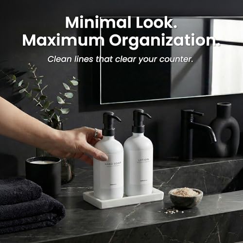 MaisoNovo Bathroom Soap Dispenser Set- Soap and Lotion Dispenser Set with White Soap Dispenser, Black Pumps & Ceramic Tray - color: White Bottles/ Black Pumps/ White Ceramic Tray