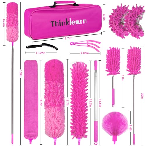 ThinkLearn Microfiber Dusters for Cleaning,14PCS Feather Dusters with Extension Pole,Bendable Washable and Extendable Duster for High Ceilings, Fans and Blinds House Cleaning Kit Pink Gift for Women
