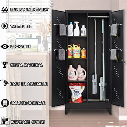 VASAAOSD 71" Broom Closet Cabinet with Hanging Rod, Tall Black Metal Storage Cabinet for Bathroom, Utility Room, and Garage - color: 71"h Black