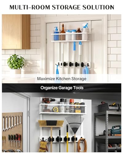 Lorbro Over the Door Broom Holder with Cleaning Supply Organizer, Wooden Mop and Broom Holder Wall Mount, 4 Grips, 4 Hooks, No-Drill Storage Rack, Mop Hanger for Laundry Room, Garage, Storage