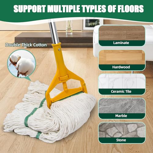 3 Pack Heavy Duty Commercial Industrial Mop Replacement Heads with 48'' Long Handle, 20oz Looped-End String Wet Cotton Mops Refills for Home,Garage,Office and Kitchen