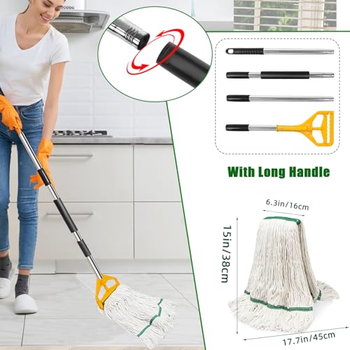 3 Pack Heavy Duty Commercial Industrial Mop Replacement Heads with 48'' Long Handle, 20oz Looped-End String Wet Cotton Mops Refills for Home,Garage,Office and Kitchen