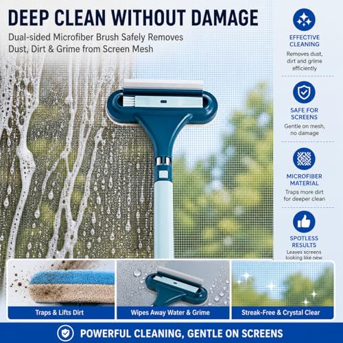 3 in 1 Window Screen Cleaner, Mesh Window Screen Cleaning Brush with Squeegee, Multi-Purpose Tool for Patio, Door and Porch Screens (Blue)