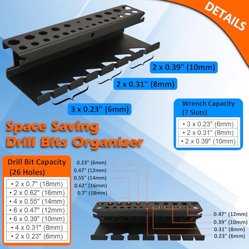 MUTUACTOR Magnetic Wrench Holder,Anti-scratch Magnetic Mount Drill Bits Holders Heavy Duty,2 Layers Magnet Wrench Drill Bits Rack for Work Bench Toolbox Tool Cart,1PCS,Black,26 Holes and 7 Slots - style: Black Drill Bits Wrench Holder