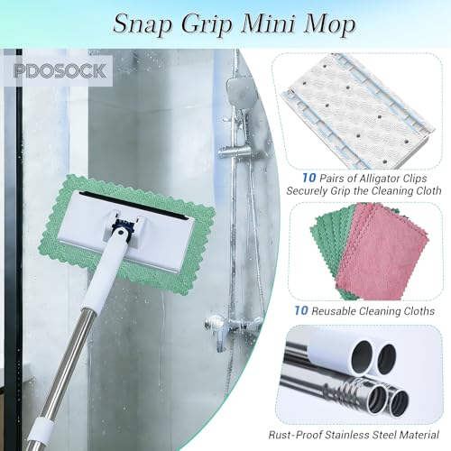 Snap Grip Mini Mop, Hands Free Flat Mop, with 10 Reusable Cloths, Stainless Steel, One-Click Replacement Design, for Wet/Dry Floors, Corner, Multi Cleaning
