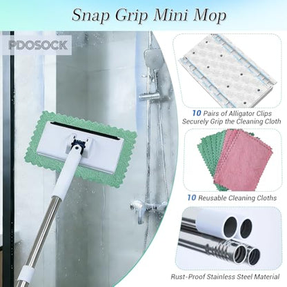 Snap Grip Mini Mop, Hands Free Flat Mop, with 10 Reusable Cloths, Stainless Steel, One-Click Replacement Design, for Wet/Dry Floors, Corner, Multi Cleaning