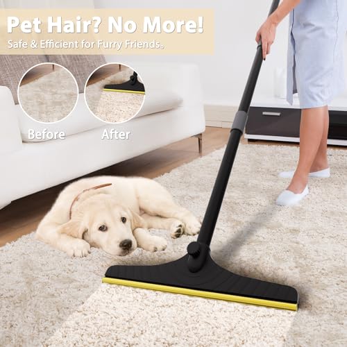 B-Land Carpet Rake for Pet Hair Removal, Reusable Pet Hair Remover with 60” Adjustable Long Handle, Carpet Scraper Dog Cat Hair Remover Tool for Rugs, Mats, Couch, Furniture-Black Pole - color: Black&grey