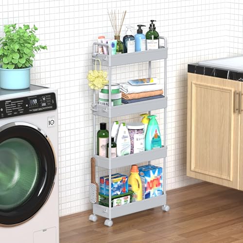 SOLEJAZZ Slim Rolling Storage Cart with Wheels 4 Tier Skinny Bathroom Storage Organizer Narrow Shelf Unit Thin Laundry Room Utility Cart for Bedside Kitchen Office Next to Fridge Small Places, Gray - color: Grey, size: 4-Tier, 4.76"D